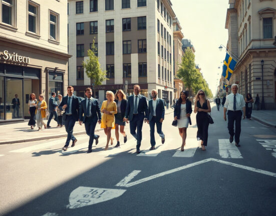 People walking in a Swedish city street in July, reflecting labor market activity.