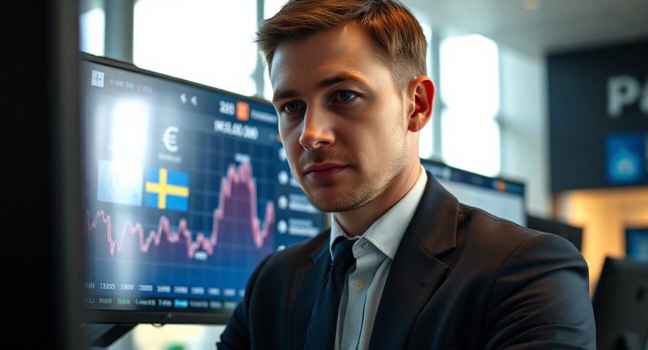 Trader monitoring inflation charts and Swedish krona on a trading floor