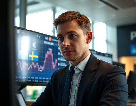 Trader monitoring inflation charts and Swedish krona on a trading floor