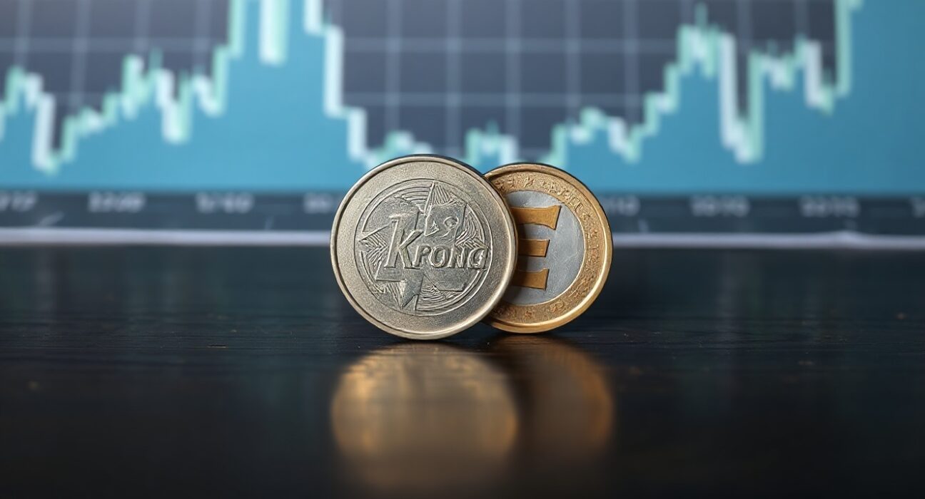 Swedish Krona and Euro coins on a desk with a financial chart background