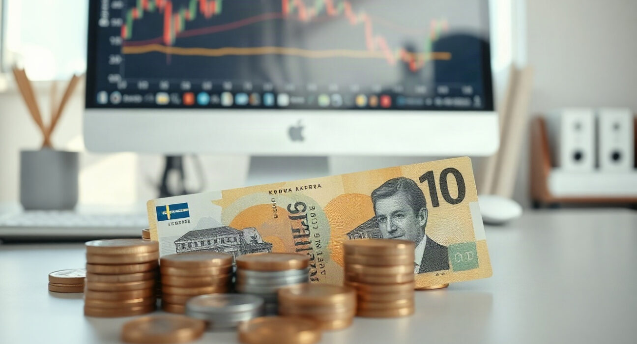 Swedish krona banknotes and coins on a desk with a financial chart in the background