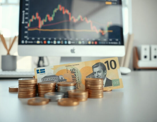 Swedish krona banknotes and coins on a desk with a financial chart in the background