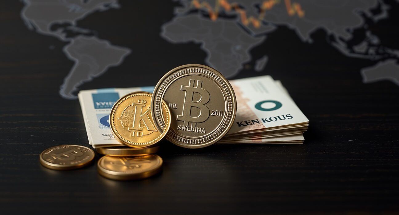 Swedish Krona coins and banknotes on a dark surface with a blurred global map background.