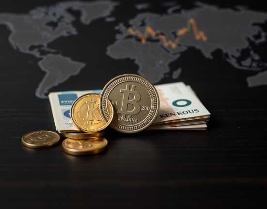 Swedish Krona coins and banknotes on a dark surface with a blurred global map background.