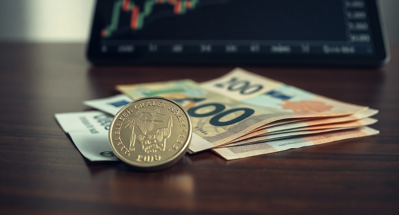 Swedish Krona coins and banknotes on a desk with a financial chart in the background