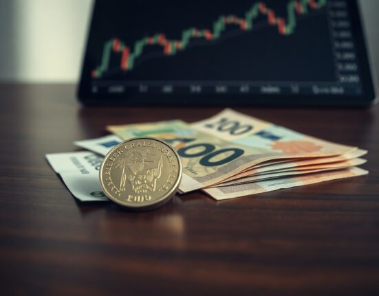 Swedish Krona coins and banknotes on a desk with a financial chart in the background