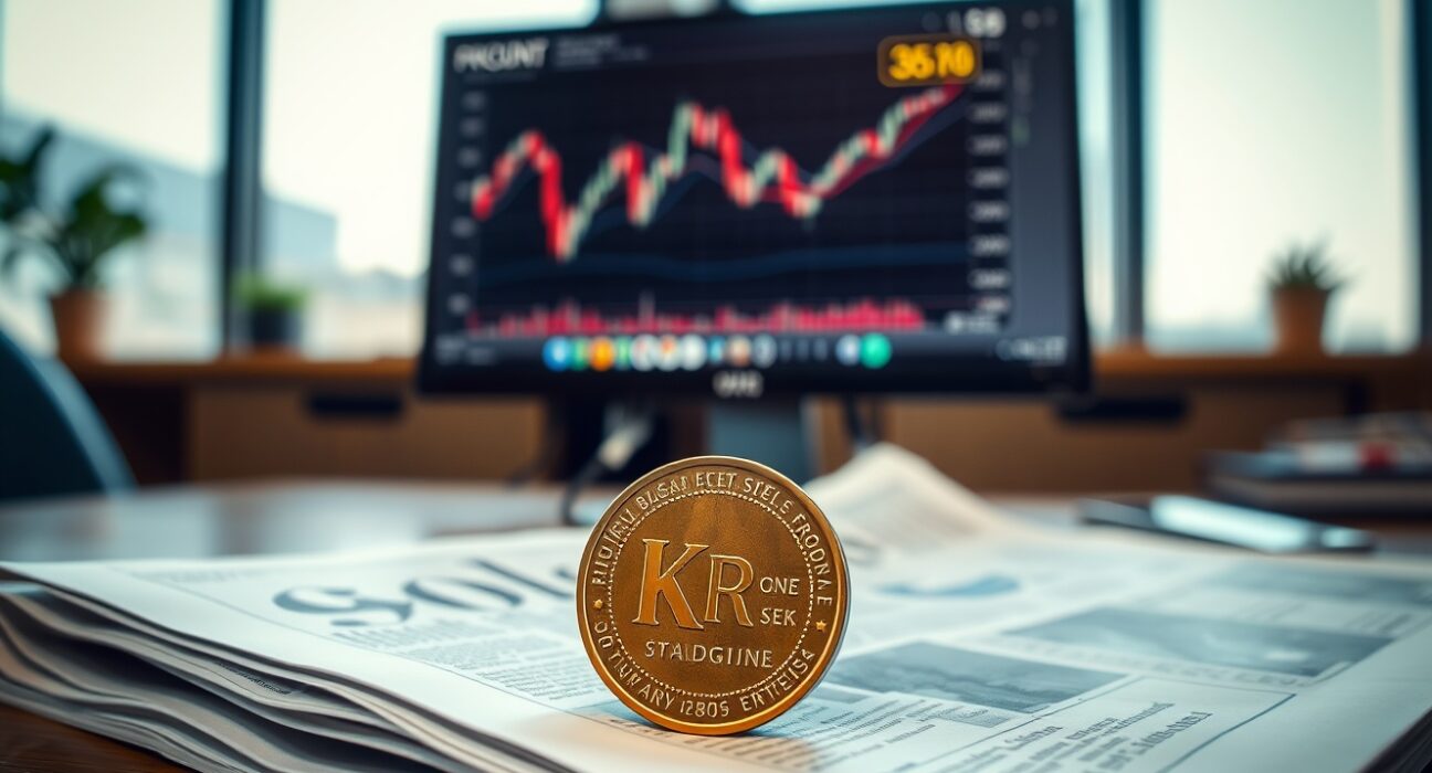 Swedish Krona coin on financial newspaper with forex chart in background