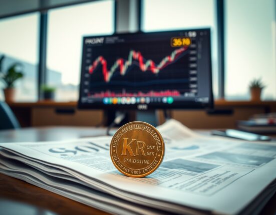 Swedish Krona coin on financial newspaper with forex chart in background