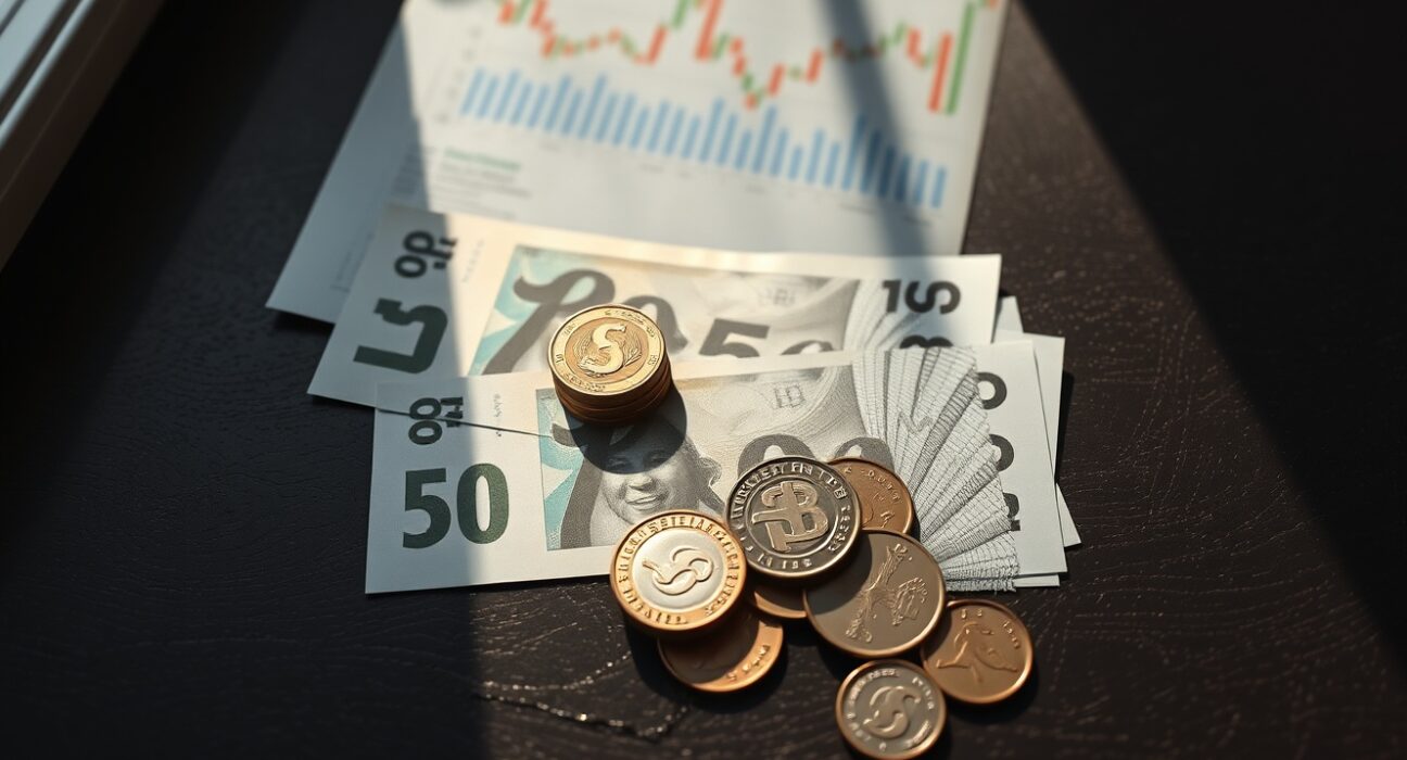 Swedish Krona coins and banknotes arranged on a wooden surface with a financial chart in the background
