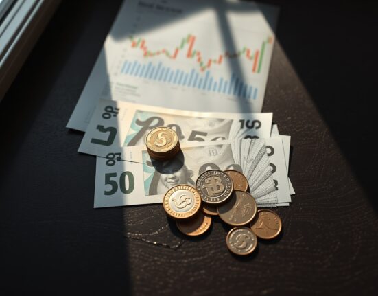 Swedish Krona coins and banknotes arranged on a wooden surface with a financial chart in the background