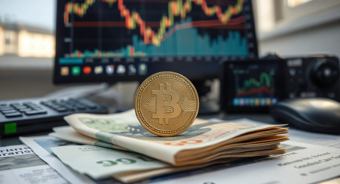 Swedish krona coins and banknotes on a desk with a currency chart on a monitor