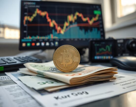 Swedish krona coins and banknotes on a desk with a currency chart on a monitor