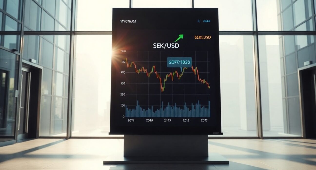 Digital forex screen in a Stockholm financial district showing a declining SEK chart against a backdrop of economic growth indicators.