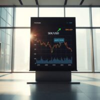 Digital forex screen in a Stockholm financial district showing a declining SEK chart against a backdrop of economic growth indicators.