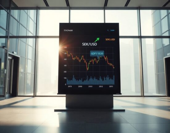 Digital forex screen in a Stockholm financial district showing a declining SEK chart against a backdrop of economic growth indicators.