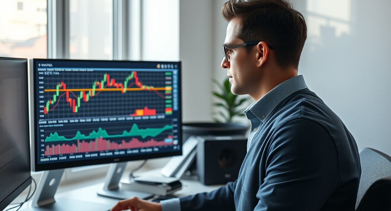 Financial analyst monitoring currency charts showing Swedish Krona weakening against Euro