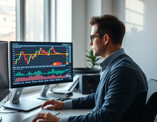 Financial analyst monitoring currency charts showing Swedish Krona weakening against Euro