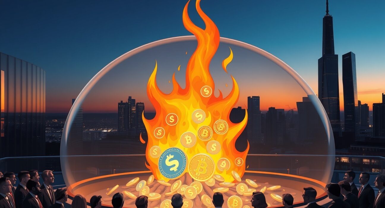 SWELL token burn event at Swell Network, showing a digital bonfire of tokens in a financial district, representing a deflationary supply reduction.