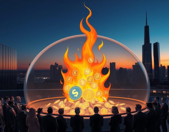 SWELL token burn event at Swell Network, showing a digital bonfire of tokens in a financial district, representing a deflationary supply reduction.