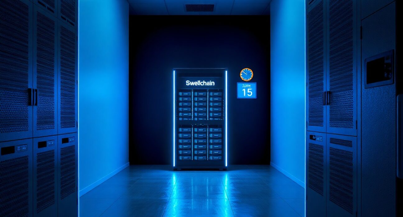 Swellchain server being powered down in a dim data center with a June 15 clock