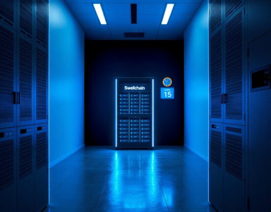 Swellchain server being powered down in a dim data center with a June 15 clock