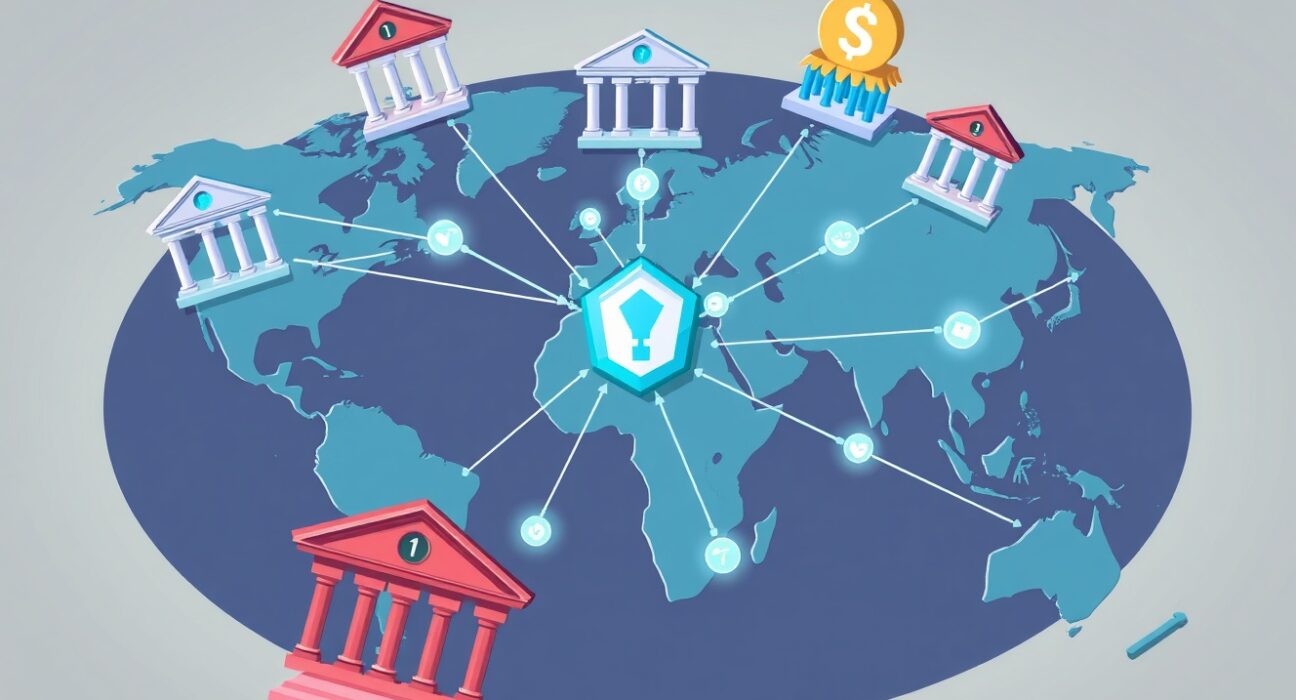 Illustration of the global SWIFT blockchain system connecting major banks for seamless transactions.