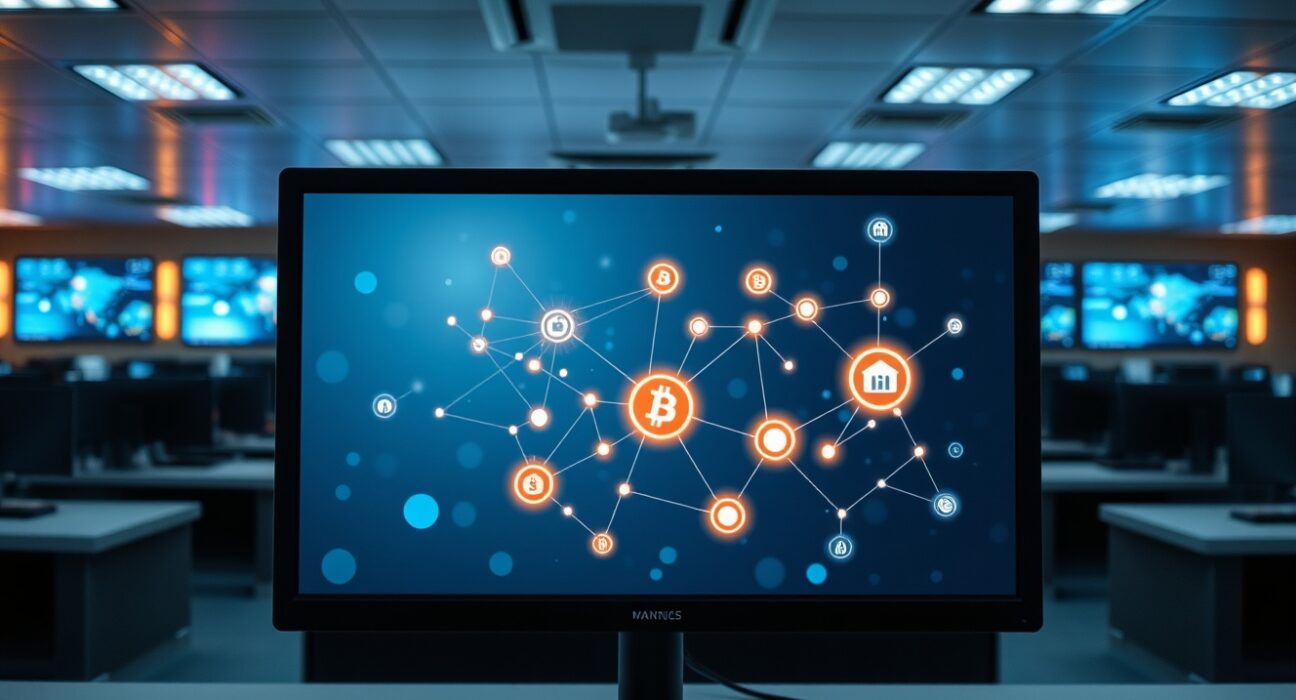 Banking control room with monitor showing interconnected network of deposit token nodes