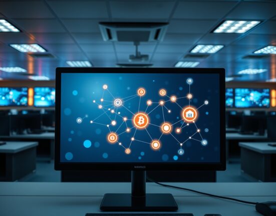 Banking control room with monitor showing interconnected network of deposit token nodes