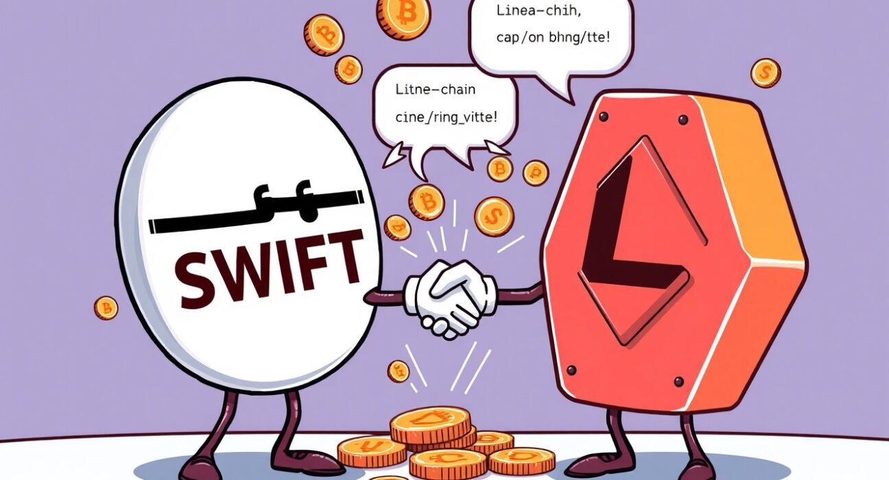 Cartoon showing SWIFT and Linea collaborating to build a new stablecoin and on-chain messaging system, highlighting the SWIFT Linea collaboration.