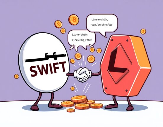 Cartoon showing SWIFT and Linea collaborating to build a new stablecoin and on-chain messaging system, highlighting the SWIFT Linea collaboration.