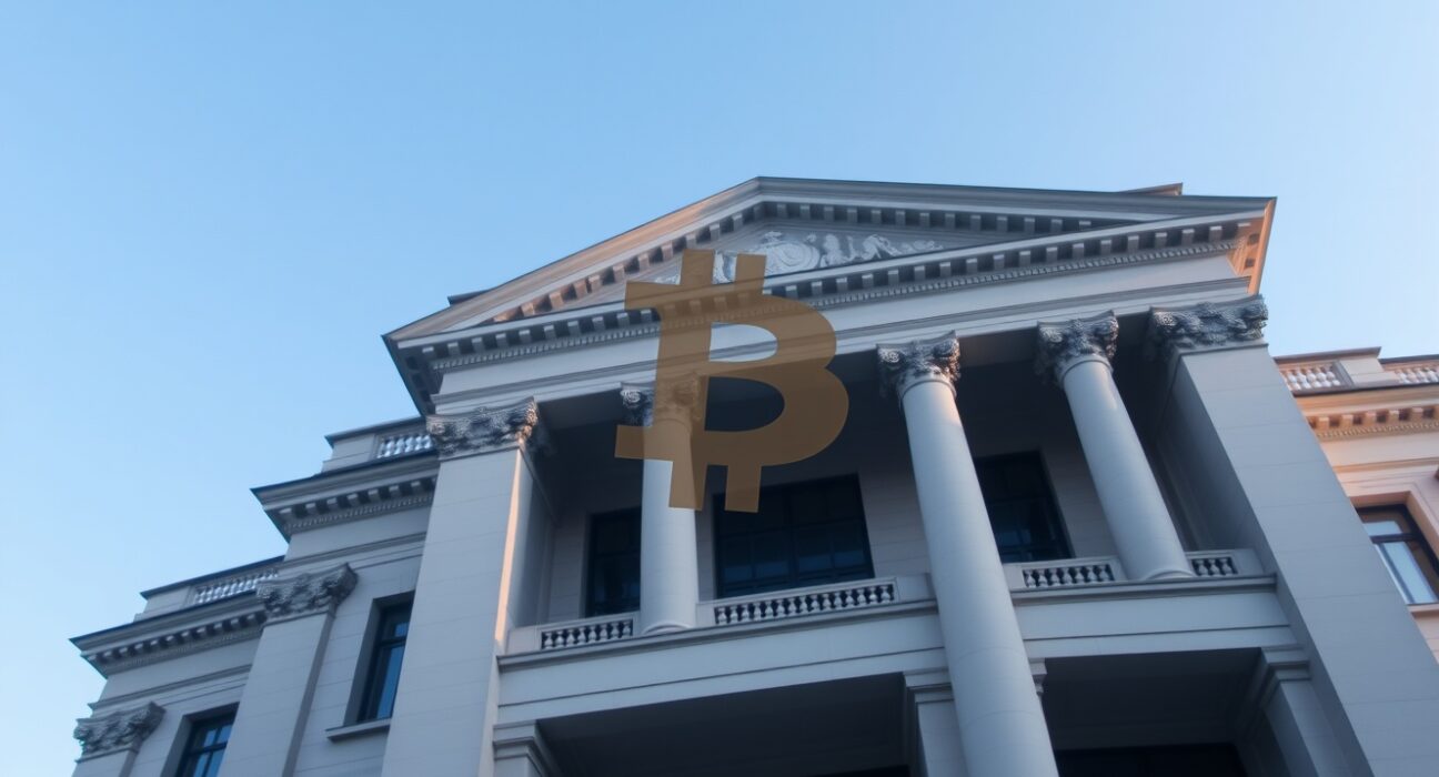Swiss National Bank headquarters in Bern, Switzerland, with a faint Bitcoin reflection in a window.