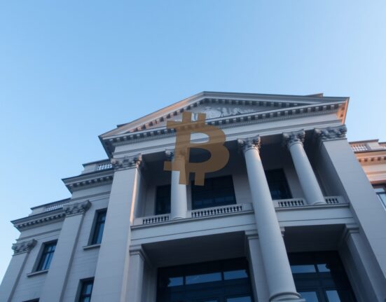 Swiss National Bank headquarters in Bern, Switzerland, with a faint Bitcoin reflection in a window.