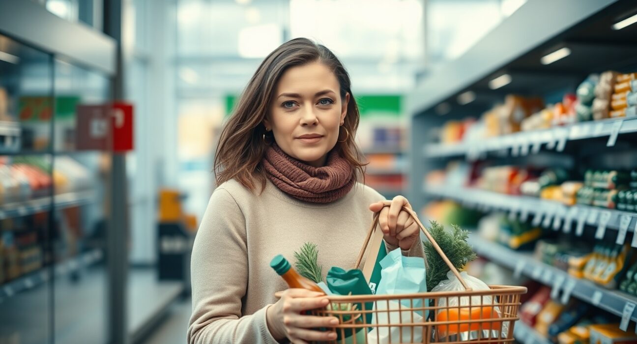 Swiss shopper with grocery basket in a modern supermarket, representing consumer sentiment.