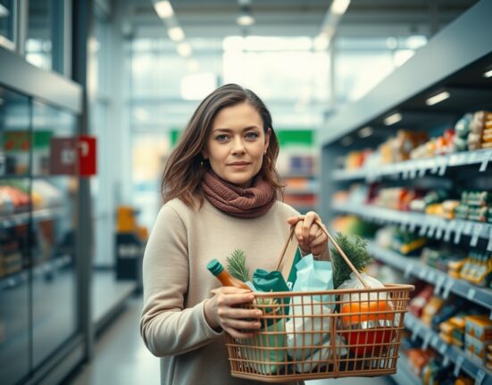 Swiss shopper with grocery basket in a modern supermarket, representing consumer sentiment.