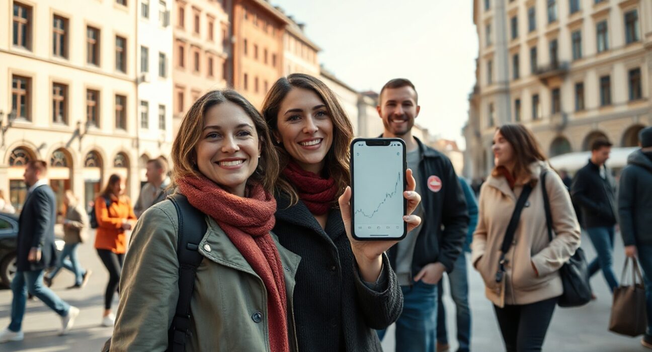 Swiss adults in Zurich looking at a smartphone showing a cryptocurrency chart, representing adoption.