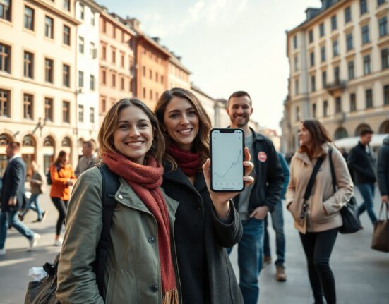 Swiss adults in Zurich looking at a smartphone showing a cryptocurrency chart, representing adoption.