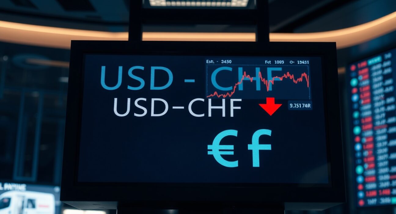 Currency exchange board showing Swiss Franc at 13-month low against US Dollar with oil price chart in background