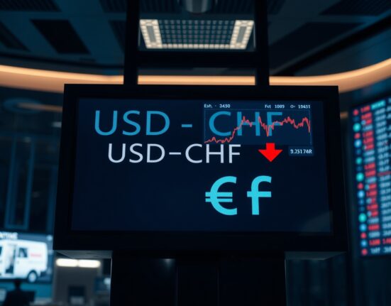 Currency exchange board showing Swiss Franc at 13-month low against US Dollar with oil price chart in background