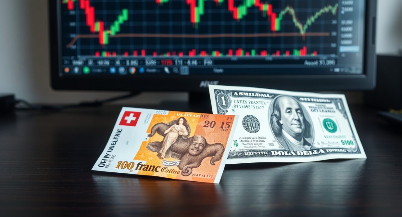 Swiss Franc and US dollar banknotes on a desk with a financial chart in the background.