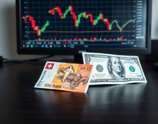 Swiss Franc and US dollar banknotes on a desk with a financial chart in the background.