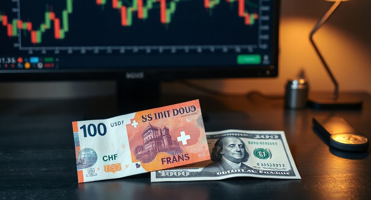 Swiss Franc and US dollar banknotes on a desk with a financial chart in the background.