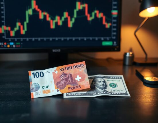 Swiss Franc and US dollar banknotes on a desk with a financial chart in the background.