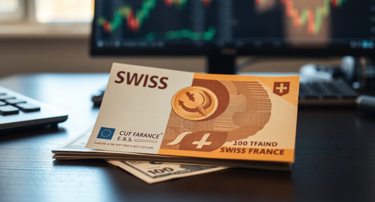 Swiss Franc and US Dollar banknotes on a desk, representing forex market analysis and currency comparison.