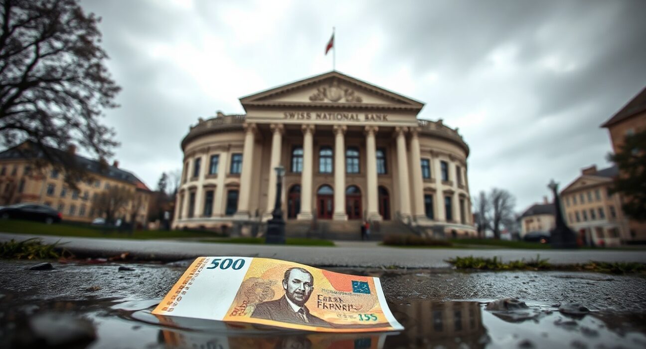 Swiss National Bank headquarters in Bern under overcast sky, reflecting Swiss Franc banknote in puddle.