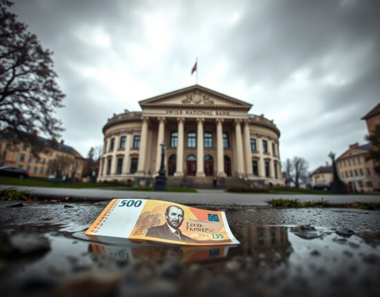 Swiss National Bank headquarters in Bern under overcast sky, reflecting Swiss Franc banknote in puddle.