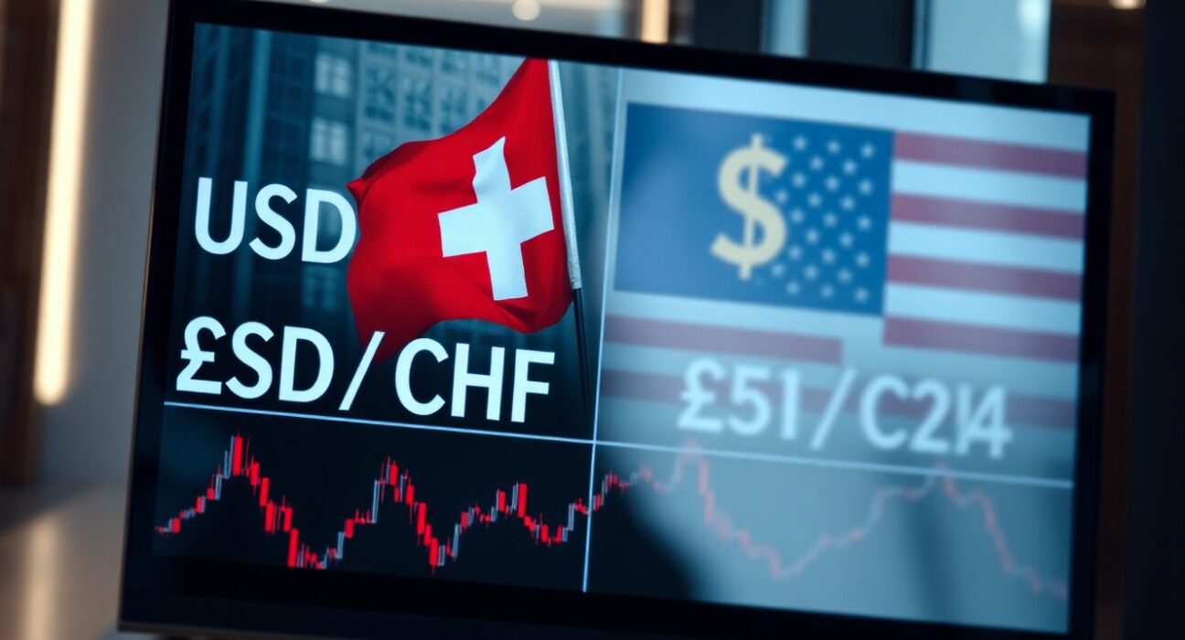 USD/CHF exchange rate chart on a screen in a financial setting