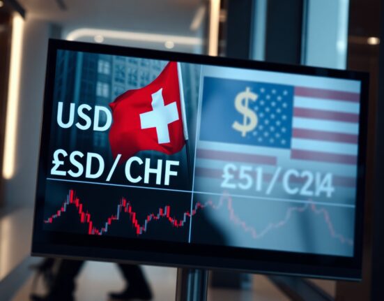 USD/CHF exchange rate chart on a screen in a financial setting