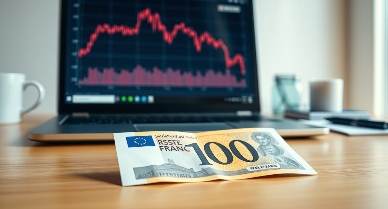 Swiss franc banknote on desk with laptop showing a downward chart
