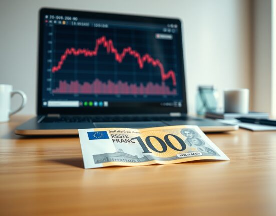 Swiss franc banknote on desk with laptop showing a downward chart