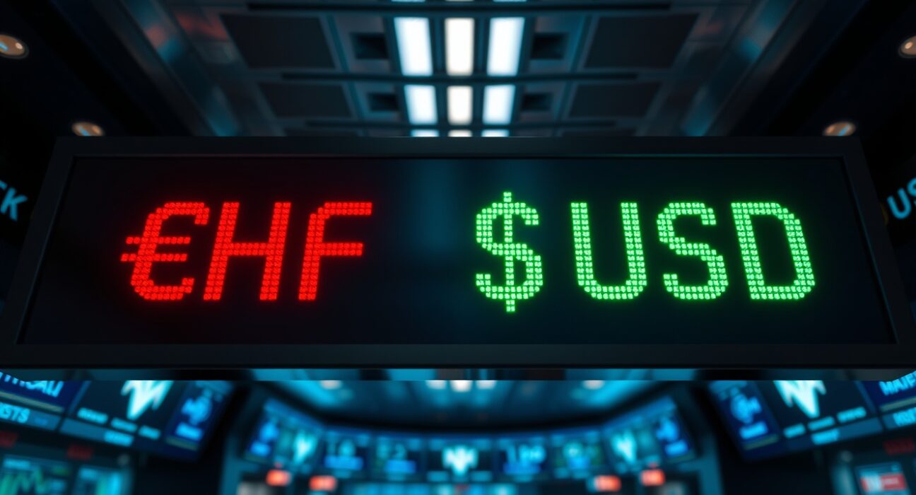 Digital currency exchange board showing Swiss Franc and US Dollar rates on a trading floor